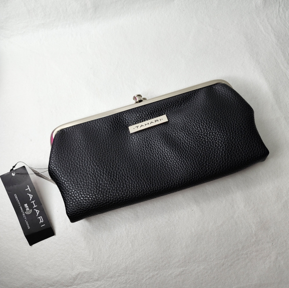 Tahari Wallet Double Frame Clutch Black Pebbled Vegan Leather RFID NWT